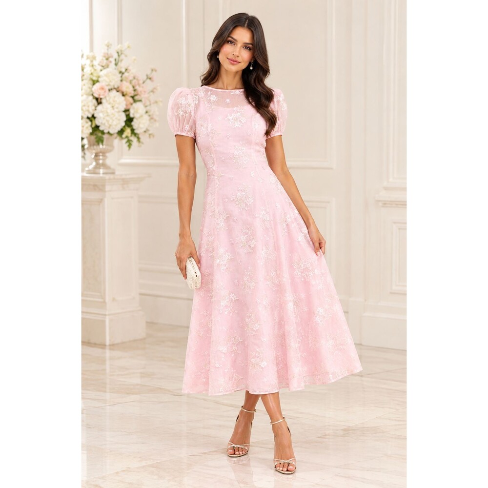 LULUS Elfrieda Embroidered Puff Sleeve Midi Dress S Blush Floral Airy NWT B75